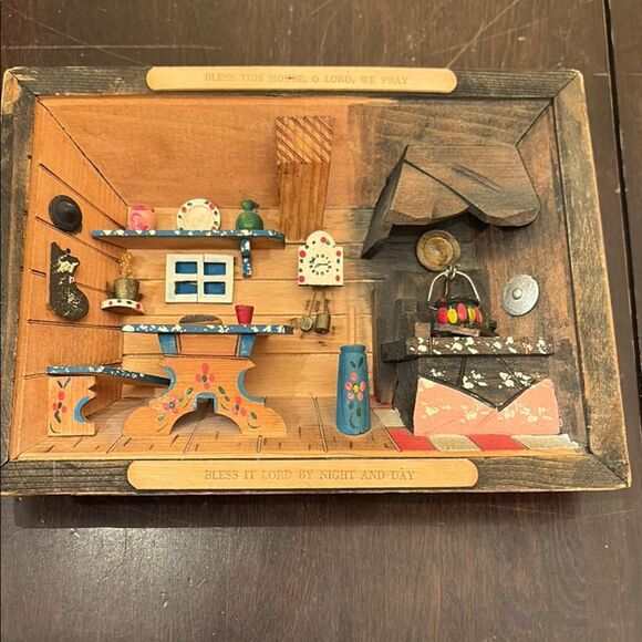 Vintage European Italy Wood Diorama / Shadow Box of Kitchen/Hearth - Picture 1 of 7